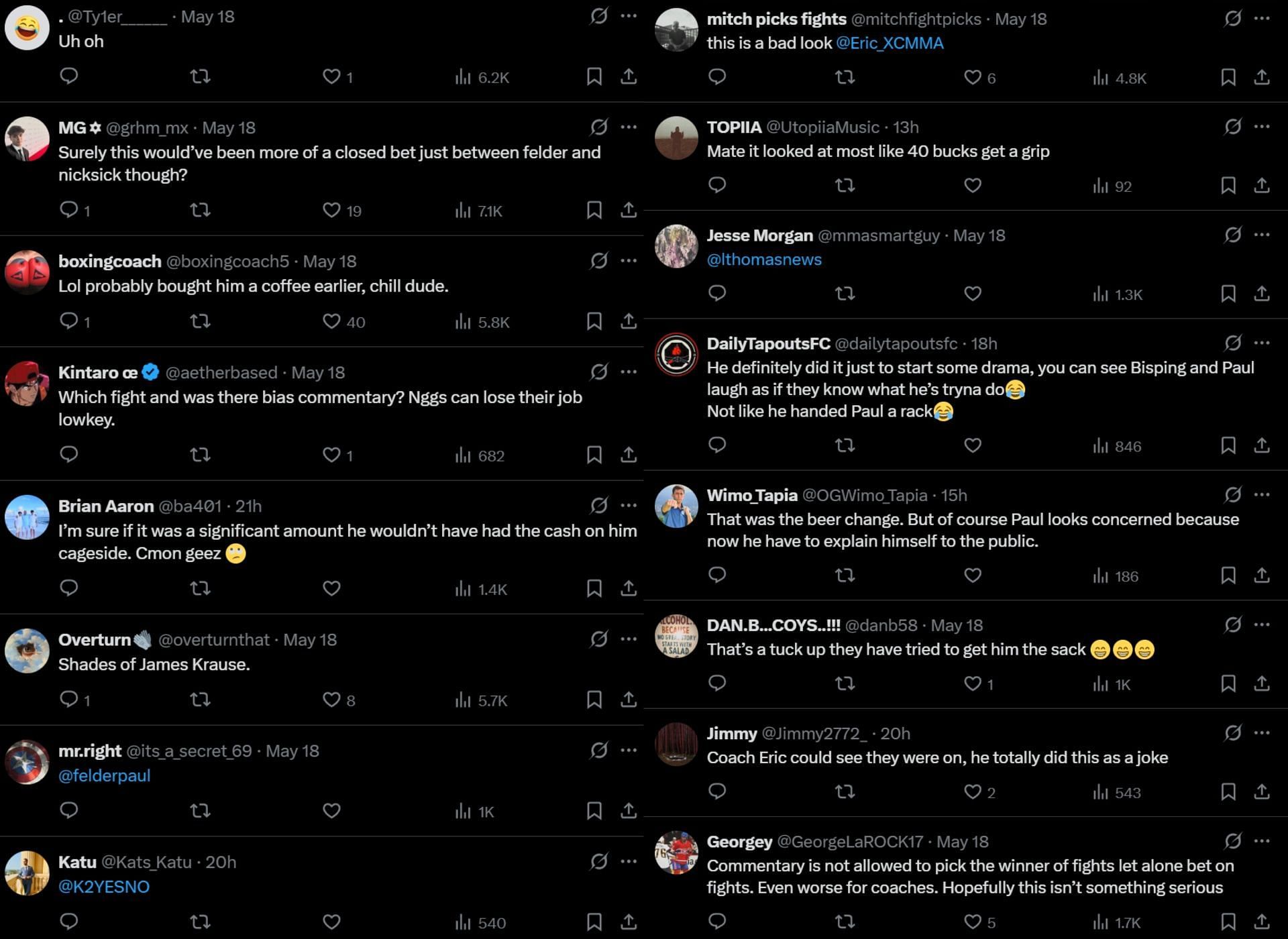 Fan reaction to Paul Felder and Eric Nicksick's recent interaction